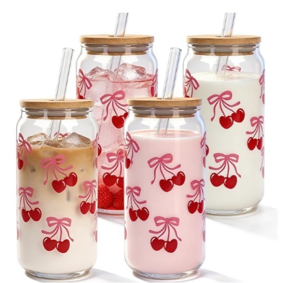 Other - Cherry Print Glass Tumbler with Bamboo Lid and Straw - Set of 4